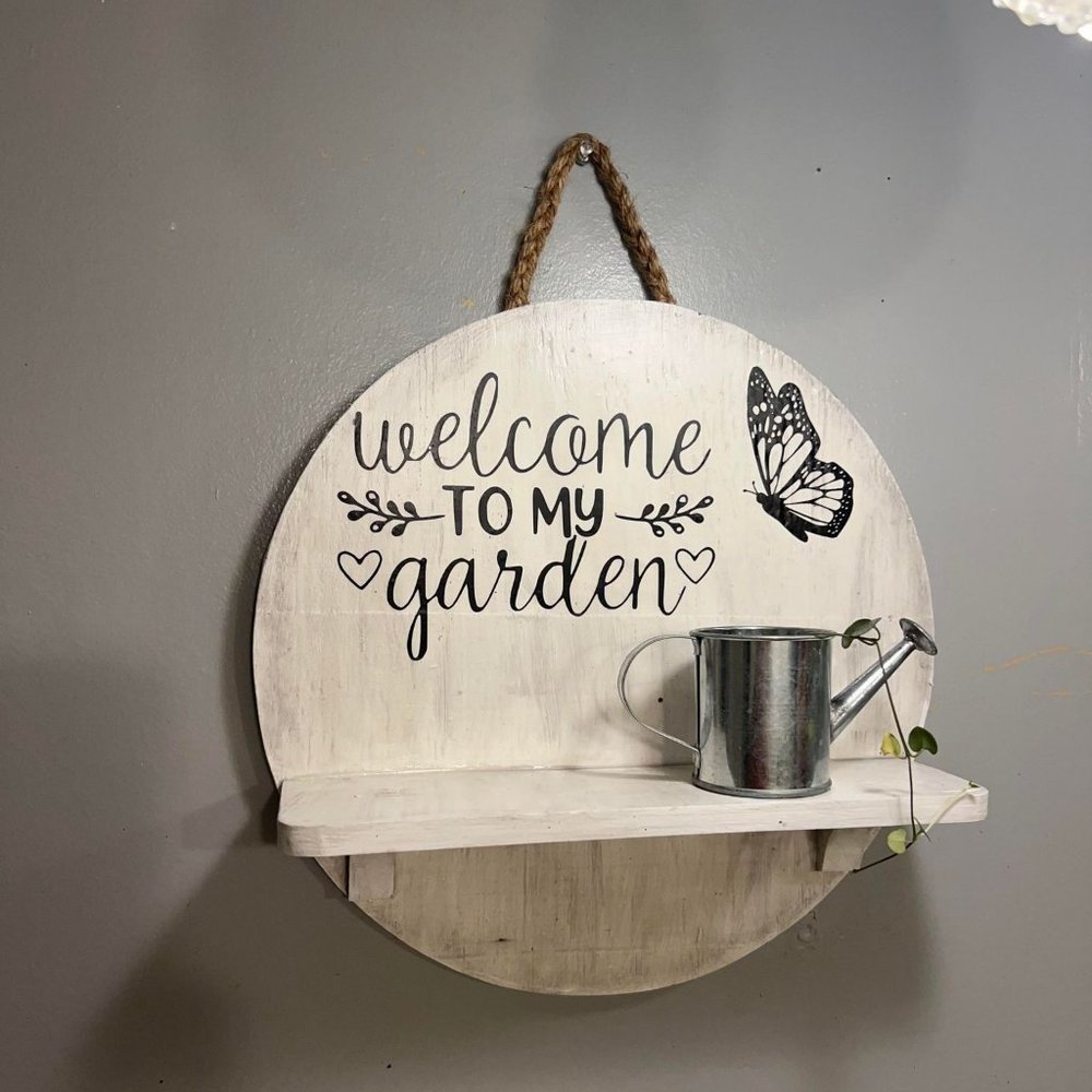 handmade circle wood shelve "welcome to my garden design